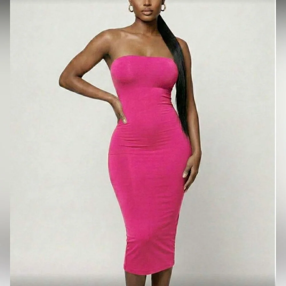 Strapless Bodycon Midi Dress in Dusty Blue - Picture 13 of 15